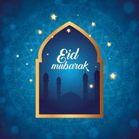 affiche eid mubarak avec silhouette de mosquée et décoration vecteur