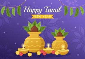 content Tamil Nouveau année illustration avec vishu fleurs, des pots et Indien hindou Festival dans plat dessin animé main tiré pour atterrissage page modèles vecteur