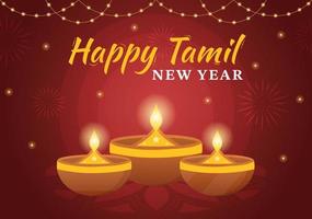 content Tamil Nouveau année illustration avec vishu fleurs, des pots et Indien hindou Festival dans plat dessin animé main tiré pour atterrissage page modèles vecteur