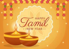 content Tamil Nouveau année illustration avec vishu fleurs, des pots et Indien hindou Festival dans plat dessin animé main tiré pour atterrissage page modèles vecteur
