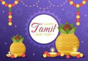 content Tamil Nouveau année illustration avec vishu fleurs, des pots et Indien hindou Festival dans plat dessin animé main tiré pour atterrissage page modèles vecteur