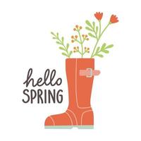 Bonjour printemps. mignonne pluie bottes avec fleurs les plantes. main tiré printemps imprimer, carte, affiche. main écrit texte, caractères vecteur