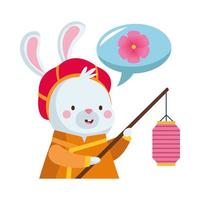 dessin animé de lapin avec des vêtements traditionnels et conception de vecteur de lanterne