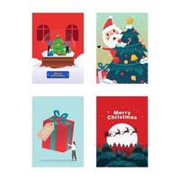 joyeux Noel et bonne année. illustration de carte de vœux avec forêt, père noël, cerf, arbre de Noël et pin vecteur