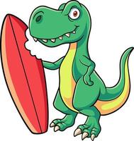dessin animé dinosaure en portant une planche de surf vecteur