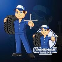 dessin animé voiture mécanicien homme porter une pneu avec clé vecteur