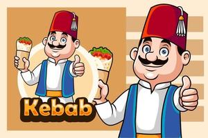 dessin animé turc homme en portant doner kebab donnant pouce en haut vecteur