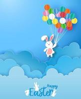 joyeuses pâques vecteur avec lapin et ballon flottant dans les nuages