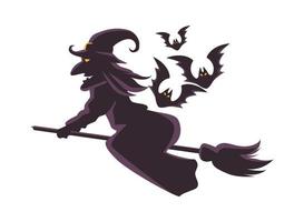 sorcière volant sur balai et chauves-souris volant icône silhouette vecteur