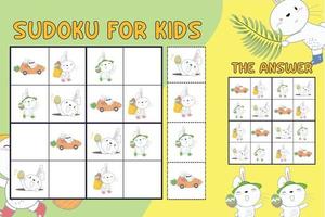 feuille de sudoku pour les enfants. feuille de travail d'éducation pour les enfants. jeu de puzzle imprimable pour le préscolaire. personnages de dessins animés mignons et drôles. illustration vectorielle. vecteur