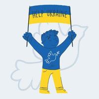 mignonne garçon dessin animé personnage en portant une paix message Aidez-moi Ukraine vecteur