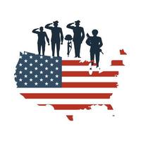 Silhouettes de soldat sur la carte avec le drapeau des États-Unis d'Amérique vecteur