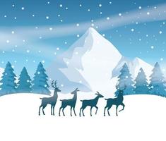 scène de paysage de neige de forêt avec des silhouettes de rennes vecteur