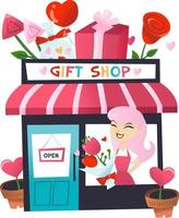 boutique de cadeaux de dessin animé avec magasinier à la fenêtre