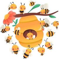 abeilles de dessin animé super mignon autour de la ruche vecteur