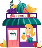 Magasin de fruits de dessin animé avec magasinier à la fenêtre
