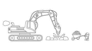 main tiré Couleur les enfants construction forage machine excavatrice avec rochers et construction ouvrier vecteur