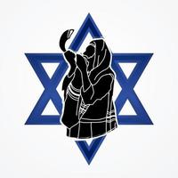 un homme souffle le shofar sur l'étoile israélienne vecteur