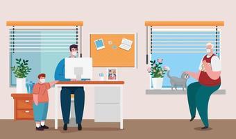 prévention des coronavirus au bureau à domicile avec un homme travaillant avec sa famille vecteur