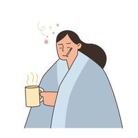 femme avec la grippe et le froid sous la couverture tenant un thé chaud et tenant un thermomètre dans sa bouche, illustration vectorielle de style dessiné à la main. vecteur