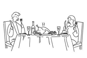 joli couple en train de dîner avec un poulet rôti, illustration vectorielle de style dessiné à la main. vecteur