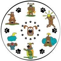 chiens l'horloge visage Contexte. l'horloge avec des illustrations de marrant chiens au lieu de une cadran. vecteur