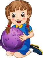 personnage de dessin animé fille heureuse tenant un modèle de planète vecteur