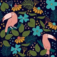 motif tropical sans soudure de toucans, fleurs, palmiers et feuilles sur fond noir. vecteur