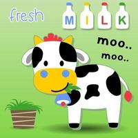 vecteur dessin animé illustration de mignonne vache en mangeant herbe avec Lait bouteilles
