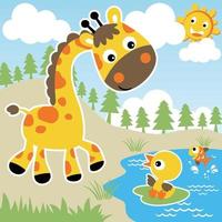 mignonne girafe avec peu canard et poisson dans rivière, souriant Soleil derrière des nuages, vecteur dessin animé illustration