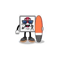 mascotte dessin animé de Arrêtez ici pour piétons comme une surfeur vecteur