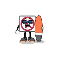 mascotte dessin animé de non droite tour route signe comme une surfeur vecteur