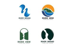 création de logo de rivière, vecteur de ruisseau de rivière, illustration au bord de la rivière avec une combinaison de montagnes et de nature, marque de produit