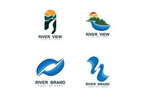 création de logo de rivière, vecteur de ruisseau de rivière, illustration au bord de la rivière avec une combinaison de montagnes et de nature, marque de produit