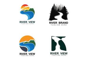 création de logo de rivière, vecteur de ruisseau de rivière, illustration au bord de la rivière avec une combinaison de montagnes et de nature, marque de produit