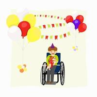 anniversaire de une enfant avec handicapées. le enfant a été donné une chien. le garçon est heureux. désactivée le chariot. brillant des balles. vecteur illustration