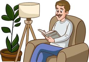 homme séance sur canapé en train de lire une livre dessin animé vecteur