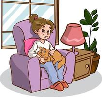 fille avec chat dessin animé vecteur