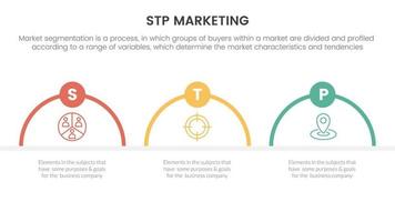 stp commercialisation stratégie modèle pour segmentation client infographie avec moitié cercle forme concept pour faire glisser présentation vecteur