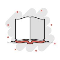 icône de livre ouvert dans le style comique. illustration de dessin animé de vecteur de littérature sur fond blanc isolé. effet d'éclaboussure de concept d'entreprise de bibliothèque.