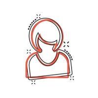 icône de signe de femme dans le style comique. illustration de dessin animé vectoriel avatar féminin sur fond blanc isolé. girl face à l'effet splash de concept d'entreprise.