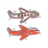 icône d'avion dans le style comique. illustration de vecteur de dessin animé d'avion sur fond blanc isolé. concept d'entreprise d'effet d'éclaboussure d'avion de ligne de vol.