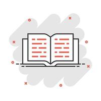 icône de livre ouvert de dessin animé de vecteur dans le style comique. pictogramme d'illustration de concept de livre de texte. concept d'effet d'éclaboussure d'entreprise de bibliothèque d'éducation.