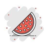 icône de pastèque de dessin animé dans le style comique. pictogramme d'illustration de signe de fruits mûrs juteux. concept d'entreprise d'éclaboussure de dessert. vecteur