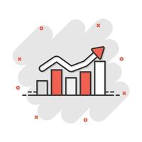 icône de graphique à barres croissante dans le style comique. augmenter le pictogramme d'illustration de dessin animé de vecteur de flèche. effet d'éclaboussure du concept d'entreprise de progrès infographique.