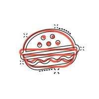 icône de signe de hamburger dans le style comique. illustration de dessin animé de vecteur de hamburger sur fond blanc isolé. effet d'éclaboussure du concept d'entreprise cheeseburger.