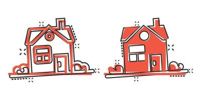 icône de bâtiment dans le style comique. illustration de vecteur de dessin animé à la maison sur fond blanc isolé. concept d'entreprise d'effet d'éclaboussure de maison.