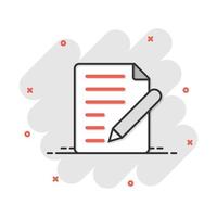 icône de note de document dans le style comique. pictogramme d'illustration de dessin animé de vecteur de feuille de papier. bloc-notes document business concept splash effet.
