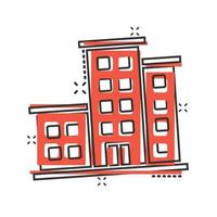 icône de signe d'immeuble de bureaux dans le style comique. illustration de vecteur de dessin animé appartement sur fond isolé. concept d'entreprise d'effet d'éclaboussure d'architecture.