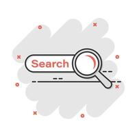 icône de l'interface utilisateur de la barre de recherche de dessin animé vectoriel dans le style comique. pictogramme d'illustration de formulaire de site Web de recherche. trouver le concept d'effet splash d'entreprise de recherche.